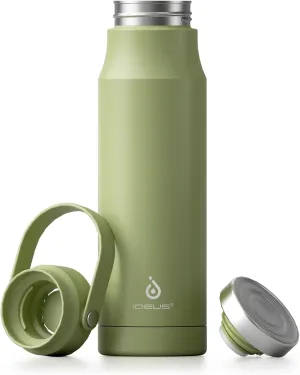 IDEUS Insulated Stainless Steel Water Bottle 17 oz Push Button Lid & Leakproof Travel Mug for Hot/Cold Beverages Fits Most Cup Holder (Grass Green)