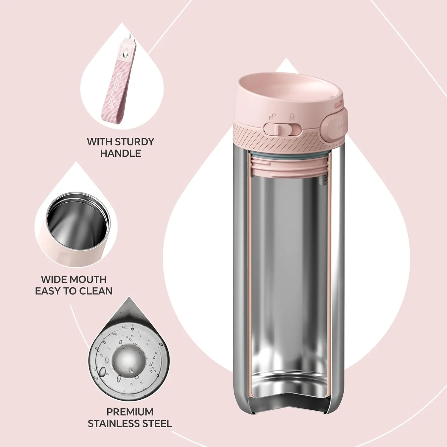 IDEUS Insulated Stainless Steel Water Bottle 17 oz Push Button Lid & Leakproof Travel Mug for Hot/Cold Beverages Fits Most Cup Holder, Light Pink