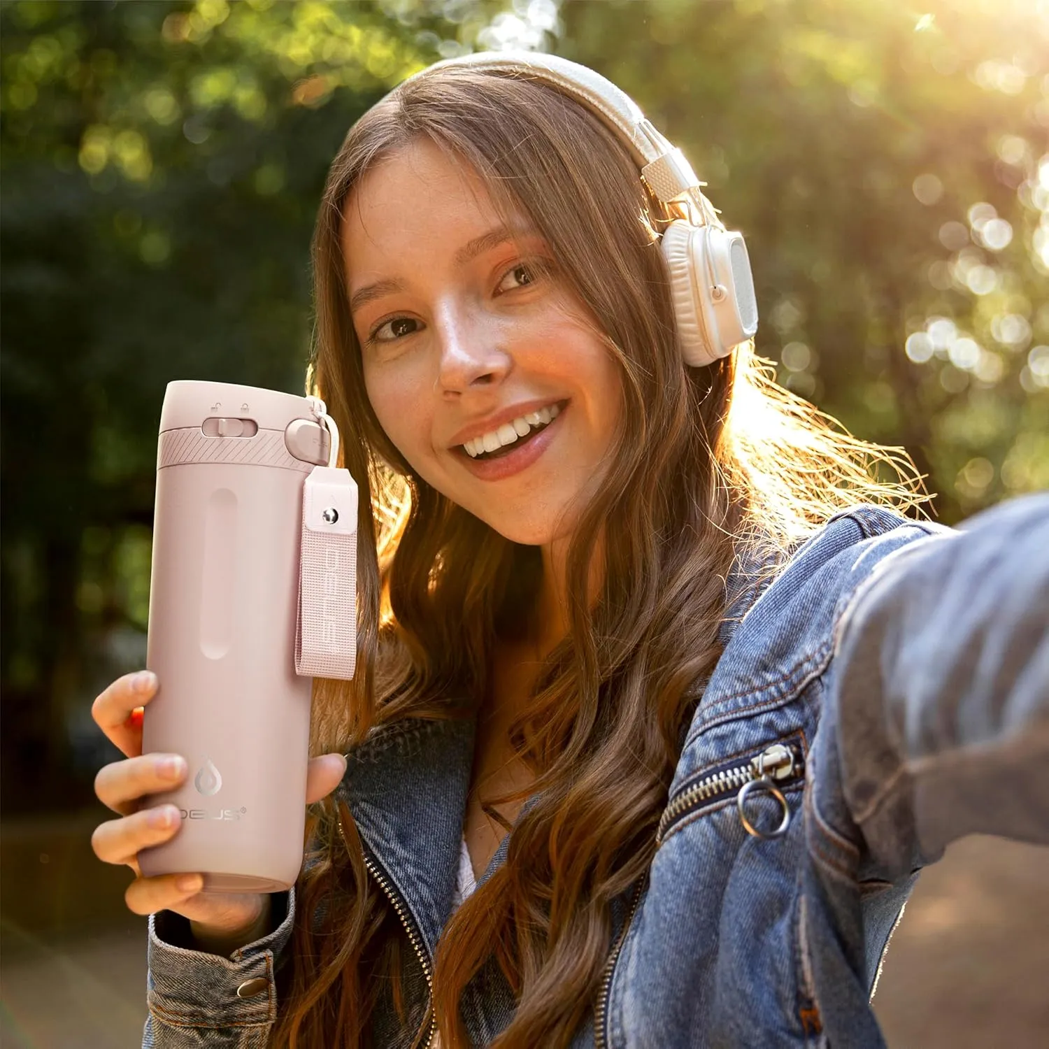 IDEUS Insulated Stainless Steel Water Bottle 17 oz Push Button Lid & Leakproof Travel Mug for Hot/Cold Beverages Fits Most Cup Holder, Light Pink
