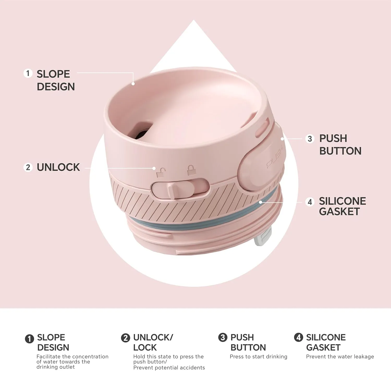 IDEUS Insulated Stainless Steel Water Bottle 17 oz Push Button Lid & Leakproof Travel Mug for Hot/Cold Beverages Fits Most Cup Holder, Light Pink