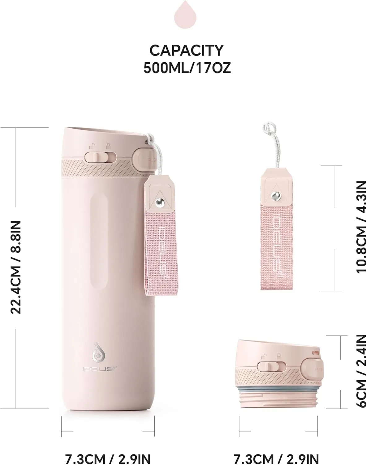 IDEUS Insulated Stainless Steel Water Bottle 17 oz Push Button Lid & Leakproof Travel Mug for Hot/Cold Beverages Fits Most Cup Holder, Light Pink