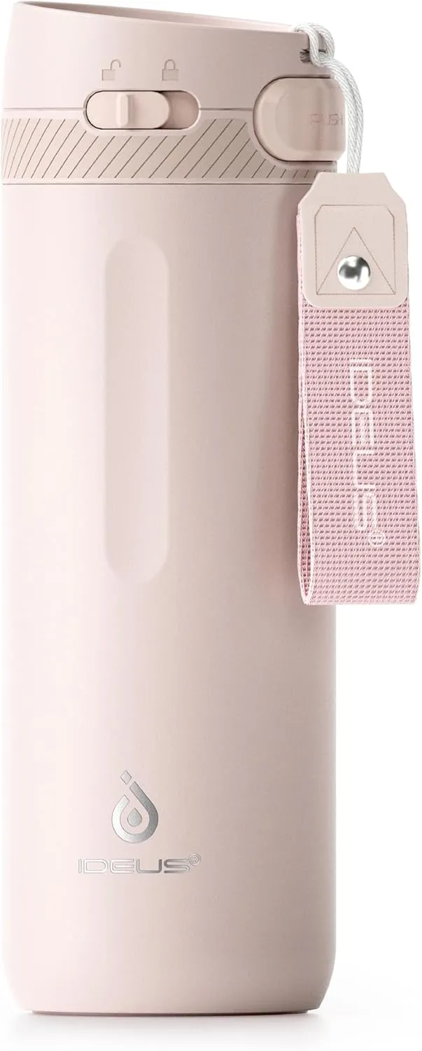 IDEUS Insulated Stainless Steel Water Bottle 17 oz Push Button Lid & Leakproof Travel Mug for Hot/Cold Beverages Fits Most Cup Holder, Light Pink