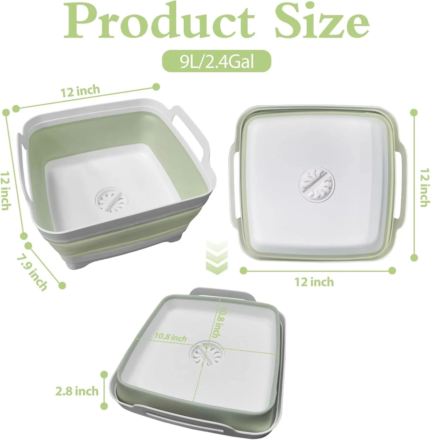 Ikaufen 2PCS Dishpan for Washing Dishes, 9L(2.4Gallon) Collapsible Wash Basin with Drain Plug Carry Handles, Collapsible Bucket for Cleaning, Vegetable Washing, RV(Green   Grey)