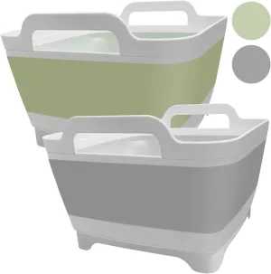 Ikaufen 2PCS Dishpan for Washing Dishes, 9L(2.4Gallon) Collapsible Wash Basin with Drain Plug Carry Handles, Collapsible Bucket for Cleaning, Vegetable Washing, RV(Green   Grey)