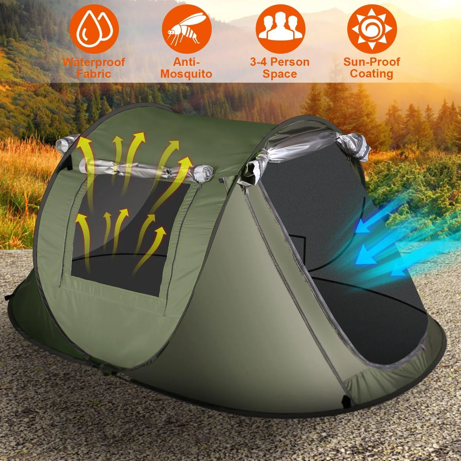 iMounTEK Camping Tent, Automatic Camping Tent 3-4 Person Pop Up Tent Automatic Setup Camping Tent Waterproof Instant Setup Tent with 4 Tent Poles 2 Mosquito Net Windows Carrying Bag for Hiking Climbing Fishing