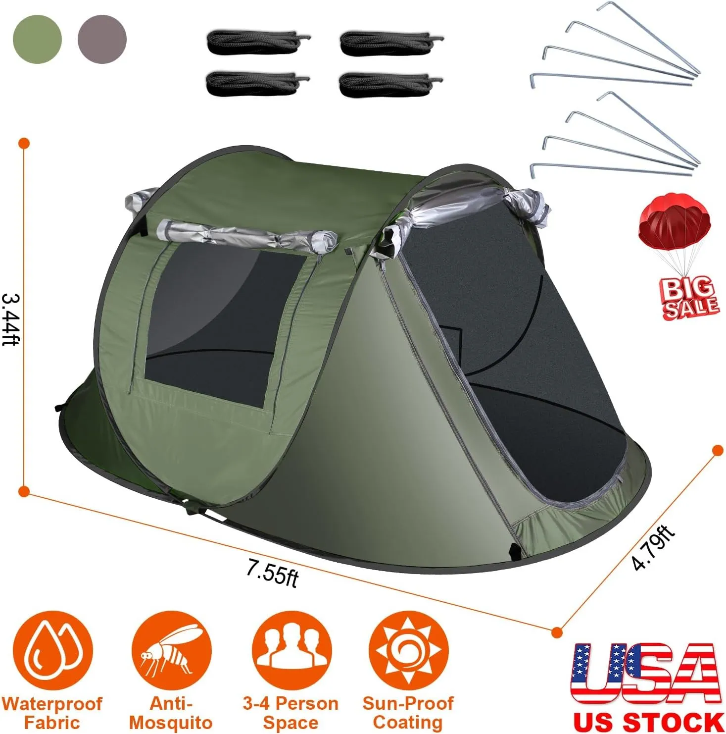 iMounTEK Camping Tent, Automatic Camping Tent 3-4 Person Pop Up Tent Automatic Setup Camping Tent Waterproof Instant Setup Tent with 4 Tent Poles 2 Mosquito Net Windows Carrying Bag for Hiking Climbing Fishing