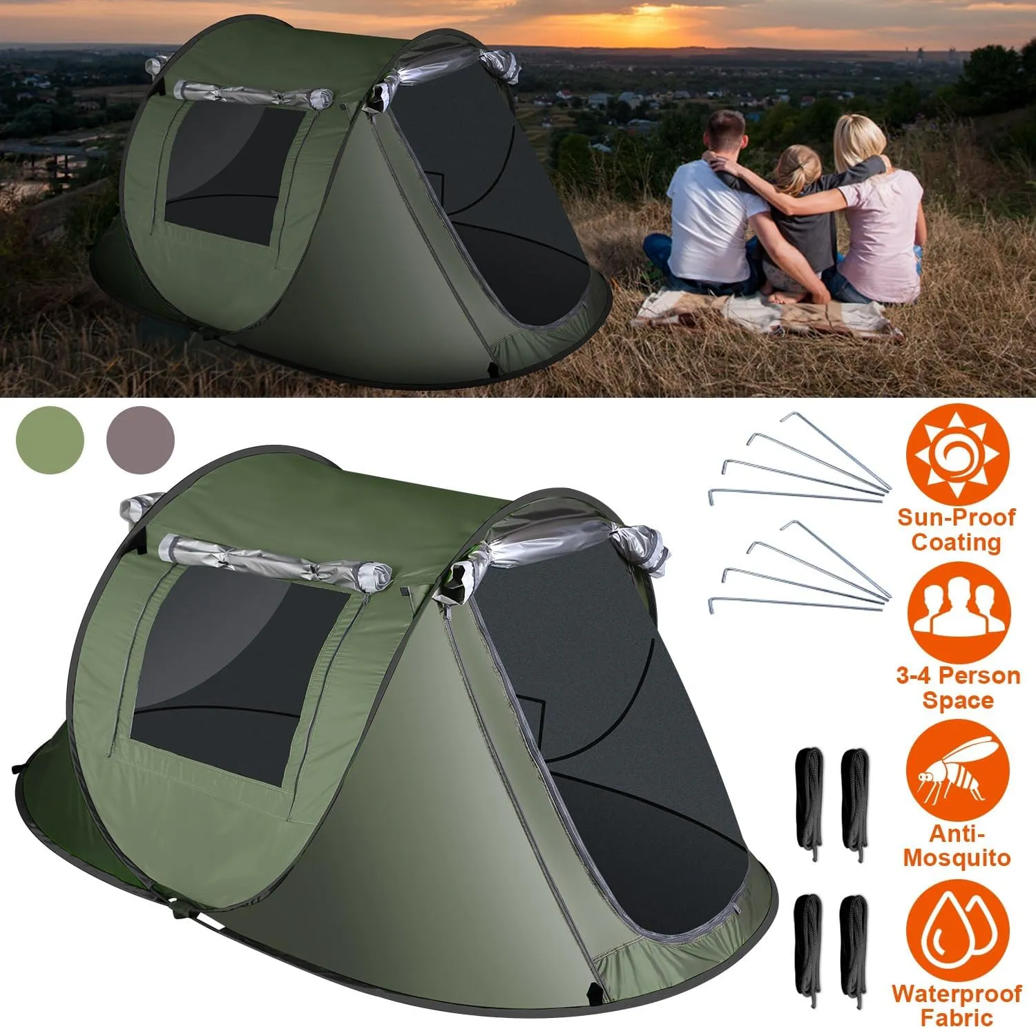 iMounTEK Camping Tent, Automatic Camping Tent 3-4 Person Pop Up Tent Automatic Setup Camping Tent Waterproof Instant Setup Tent with 4 Tent Poles 2 Mosquito Net Windows Carrying Bag for Hiking Climbing Fishing