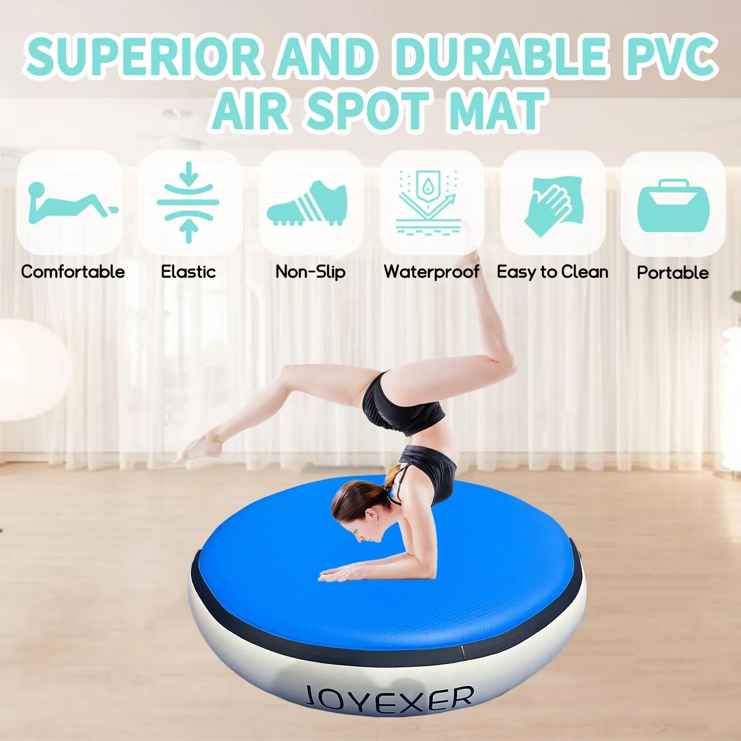 Inflatable Air Spot Mat 3.3FT Gymnastics Tumbling Mat 8Inch Thick Tumble Track Round Springboard Waterproof with Air Pump for Home Use/Yoga/Gym/Training/Cheerleading/Water