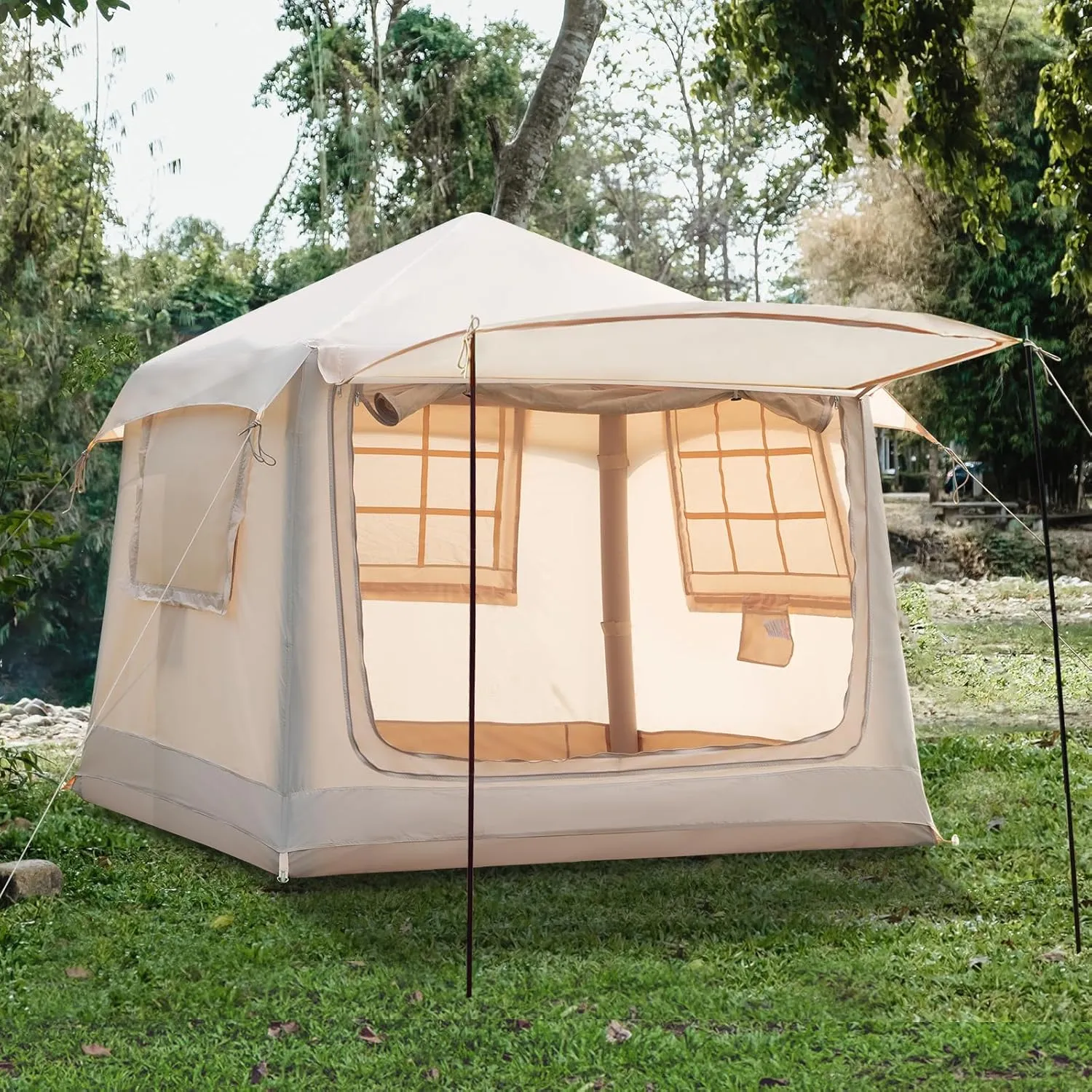 Inflatable Camping Tent with Pump, Upgraded Waterproof Windproof Glamping Blow Up Tent, Easy Setup 4 Season Air Cabin House with Mesh Windows & Door, 2-4 Persons