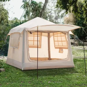 Inflatable Camping Tent with Pump, Upgraded Waterproof Windproof Glamping Blow Up Tent, Easy Setup 4 Season Air Cabin House with Mesh Windows & Door, 2-4 Persons