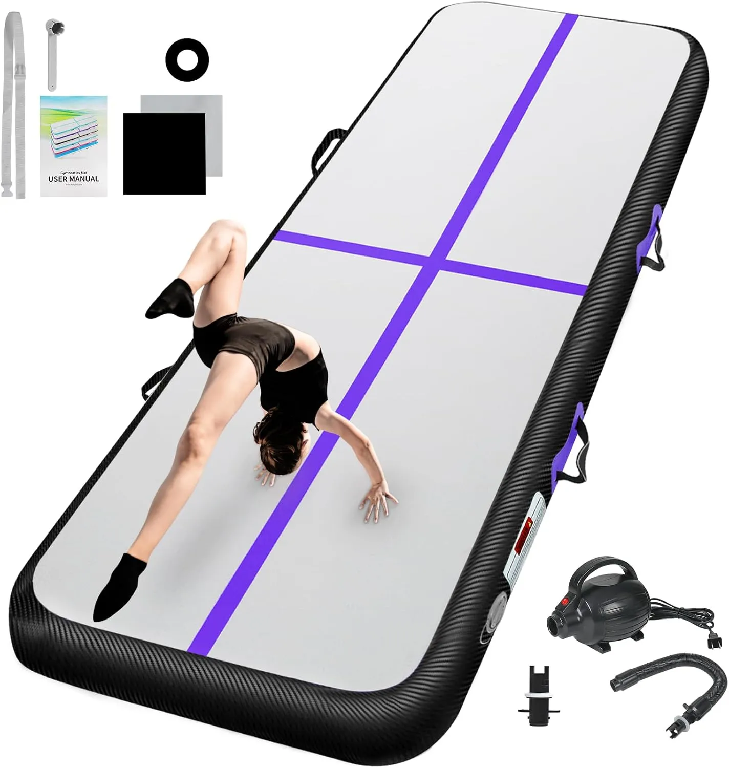 Inflatable Gymnastics Mat, Air Tumbling Track Mats For Kids Home Gym Water Gymnastics Yoga Cheerleading Training Landing Exercise with Pump 16.6ft x 3.3ft x 8inch (5m x 1m x 20cm) Purple Black