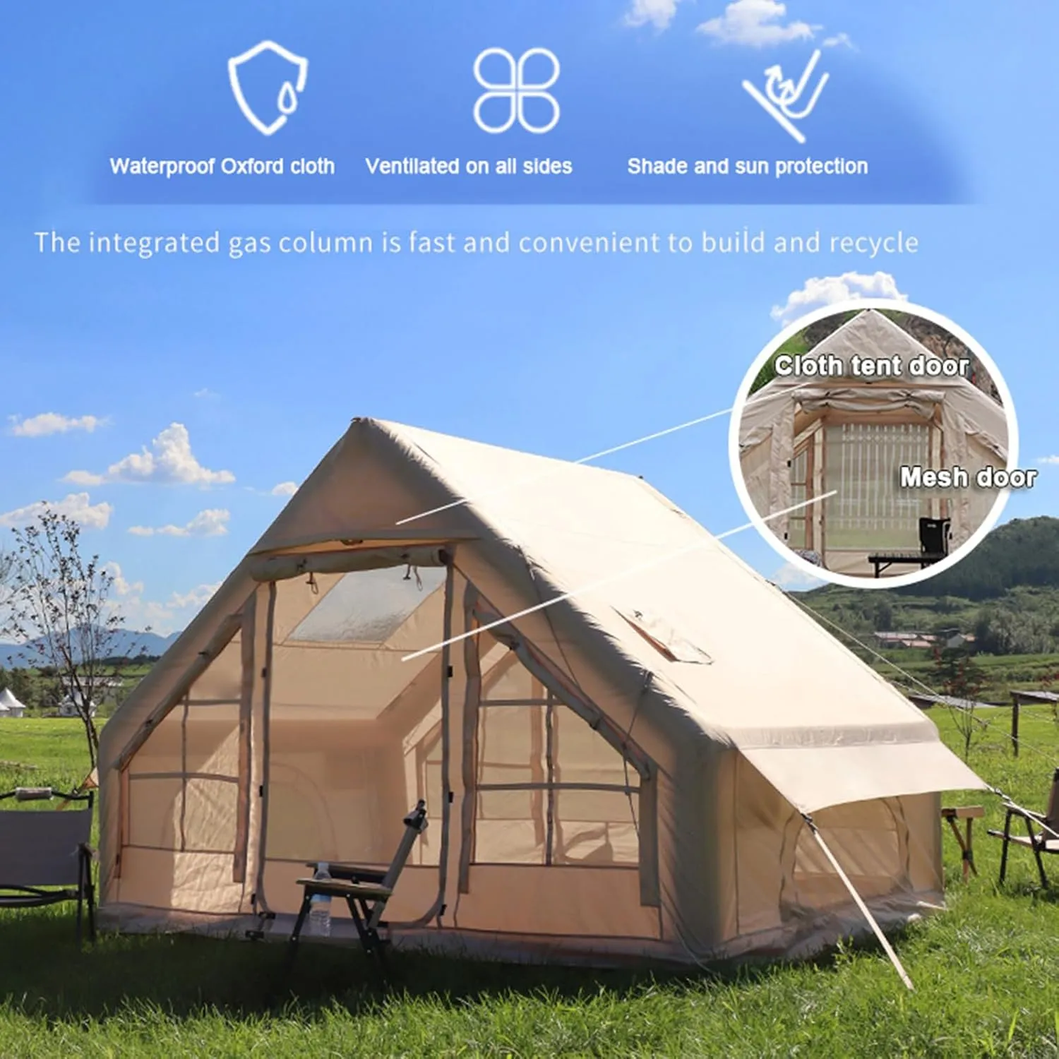 Inflatable Tents for Camping, Blow Up Air Camping Tent with Pump, Easy Setup 4 Seasons Outdoor Cabin Tent House with Mesh & Doors for Family Travel