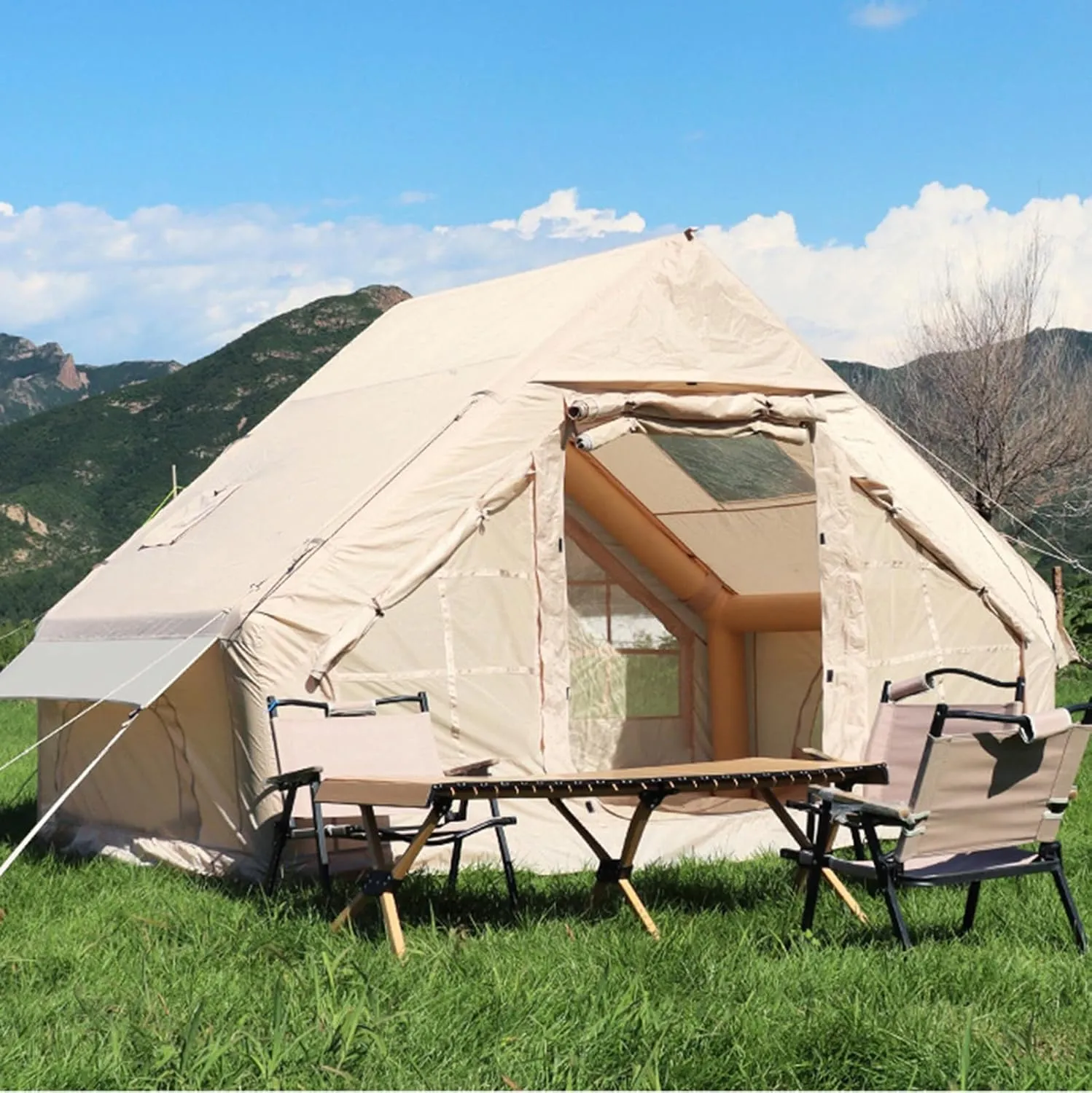 Inflatable Tents for Camping, Blow Up Air Camping Tent with Pump, Easy Setup 4 Seasons Outdoor Cabin Tent House with Mesh & Doors for Family Travel
