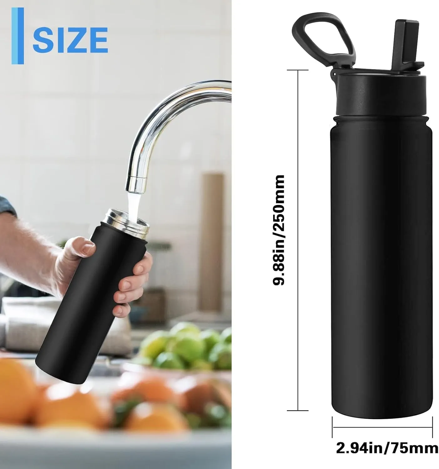 Insulated Stainless Steel Water Bottle, 24 Ounce Sports Water Bottle with brush and Straw Lid for Sports and Travel, Black