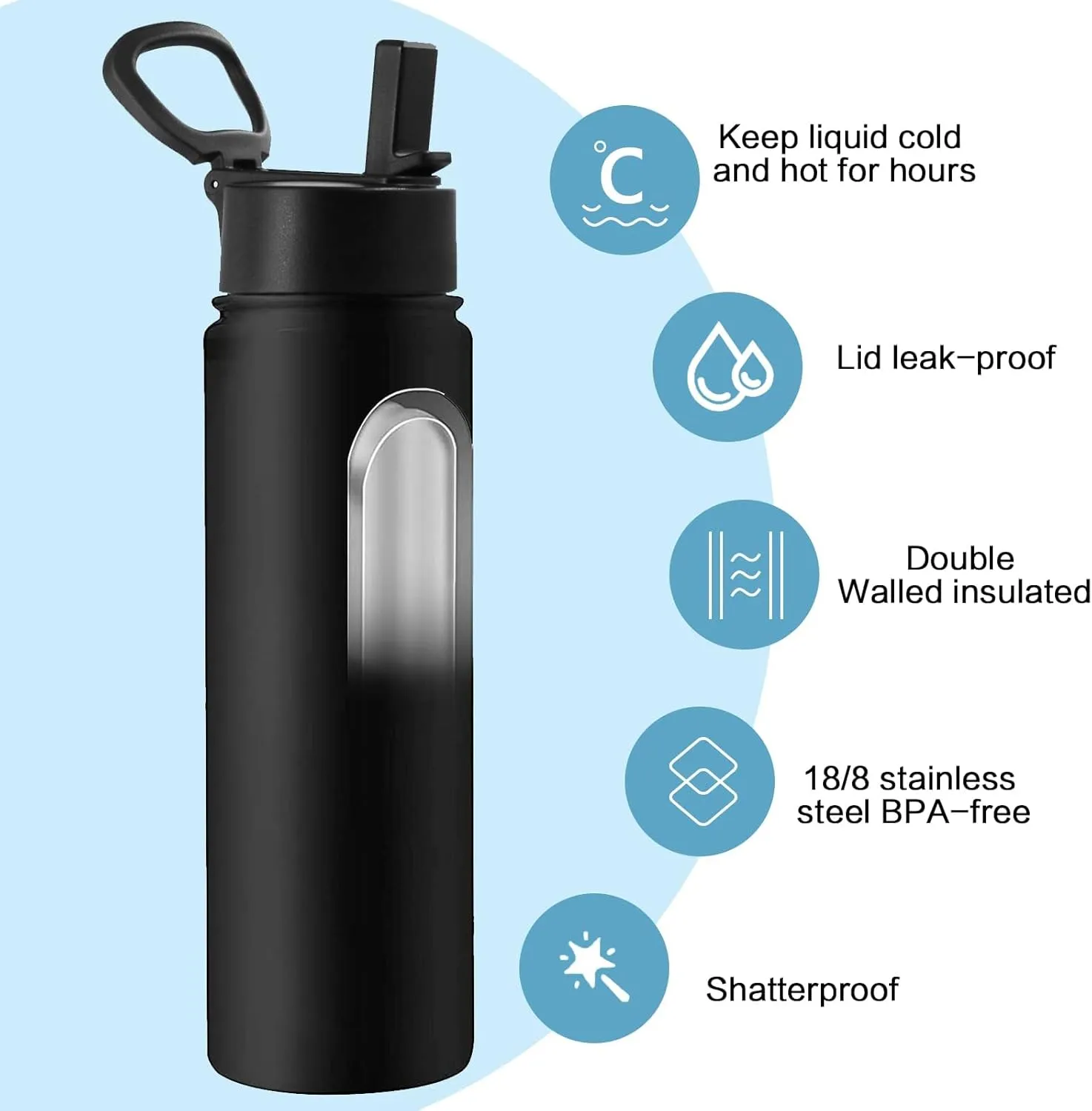 Insulated Stainless Steel Water Bottle, 24 Ounce Sports Water Bottle with brush and Straw Lid for Sports and Travel, Black