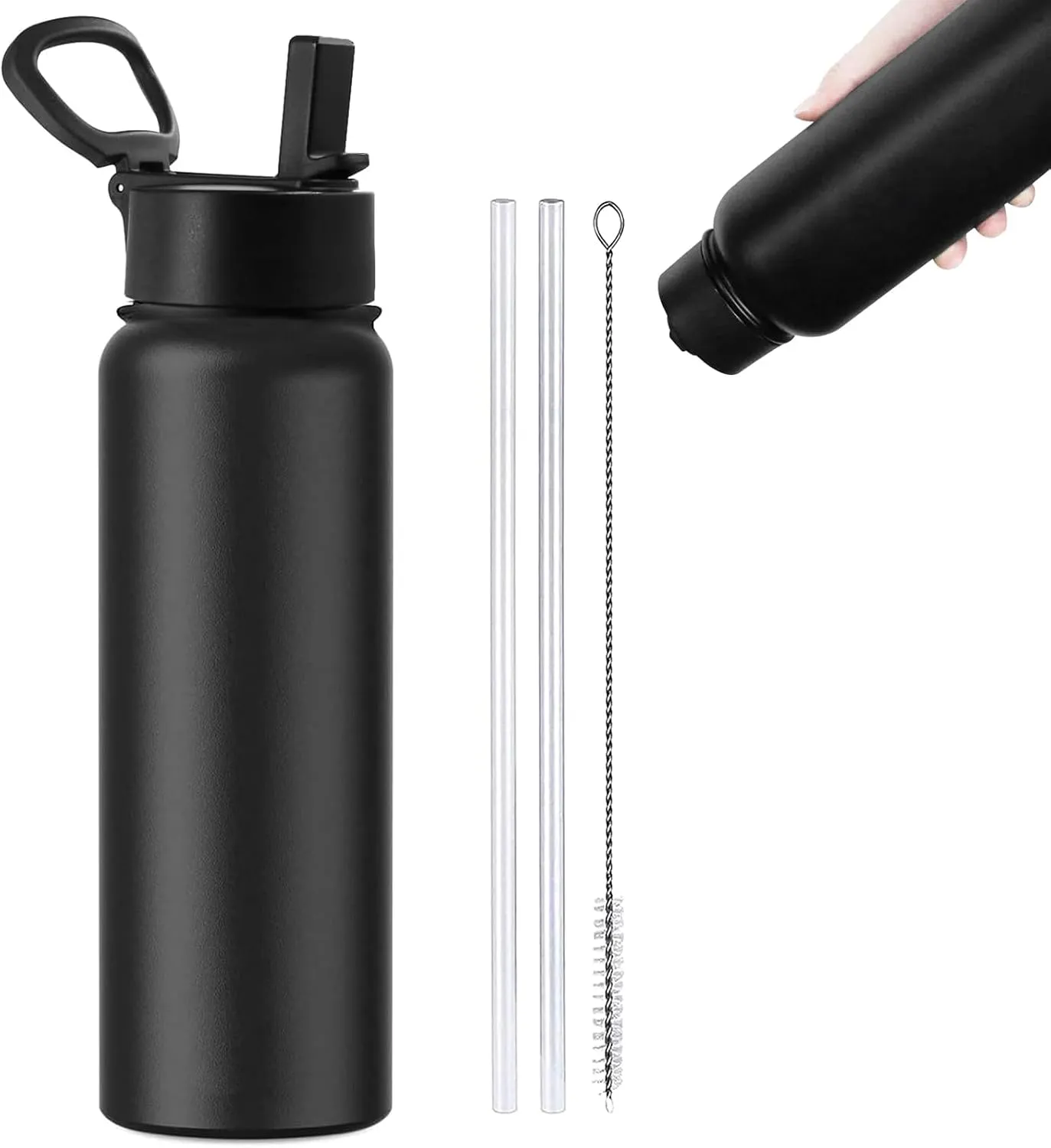 Insulated Stainless Steel Water Bottle, 24 Ounce Sports Water Bottle with brush and Straw Lid for Sports and Travel, Black