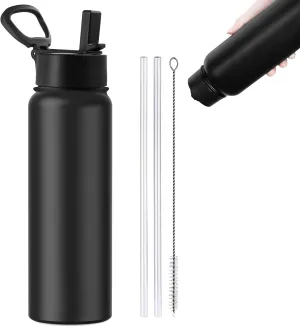 Insulated Stainless Steel Water Bottle, 24 Ounce Sports Water Bottle with brush and Straw Lid for Sports and Travel, Black