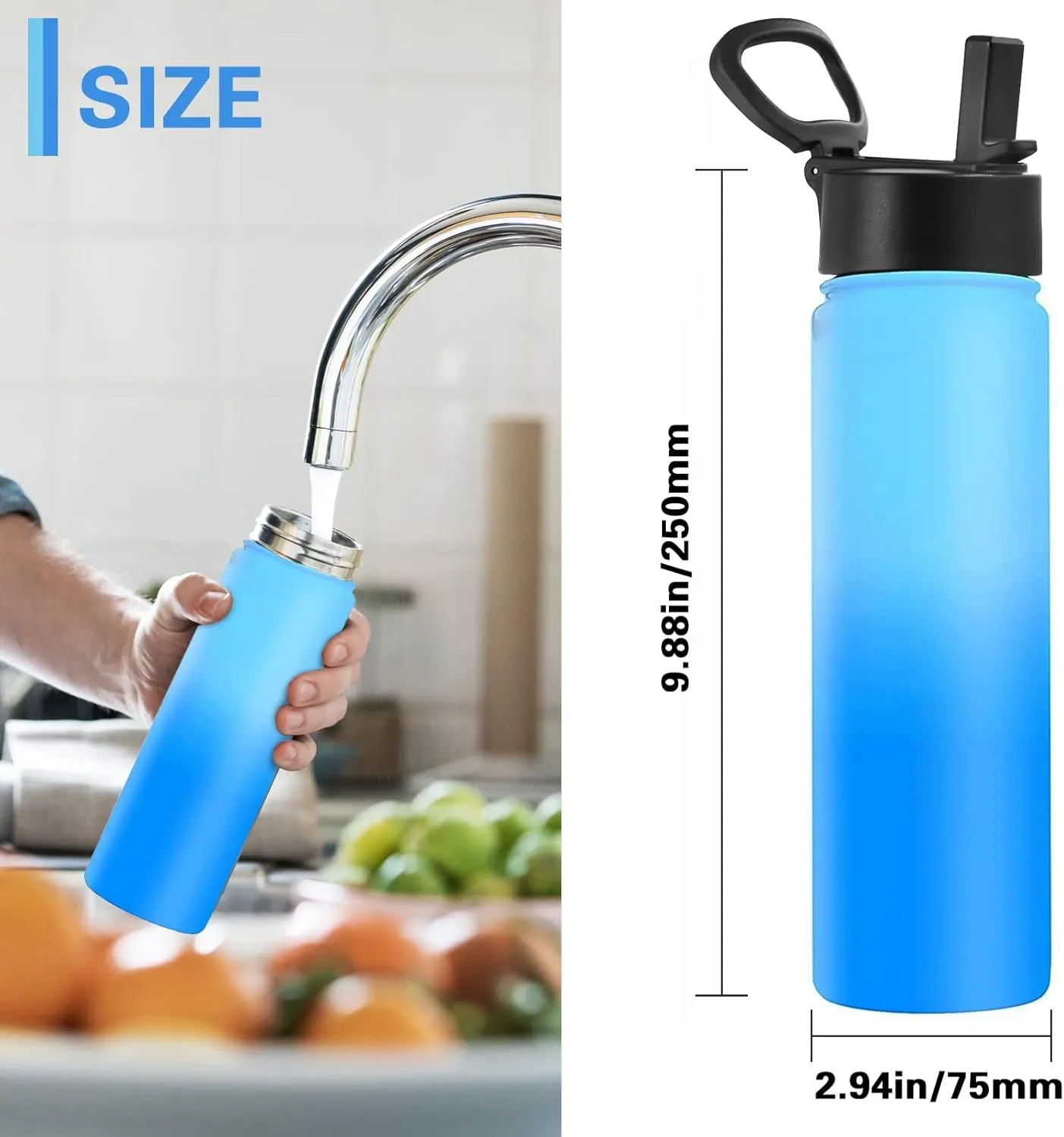Insulated Stainless Steel Water Bottle, 24 Ounce Sports Water Bottle with brush and Straw Lid for Sports and Travel, Blue