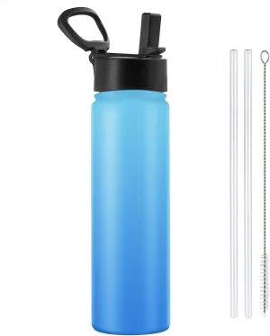 Insulated Stainless Steel Water Bottle, 24 Ounce Sports Water Bottle with brush and Straw Lid for Sports and Travel, Blue