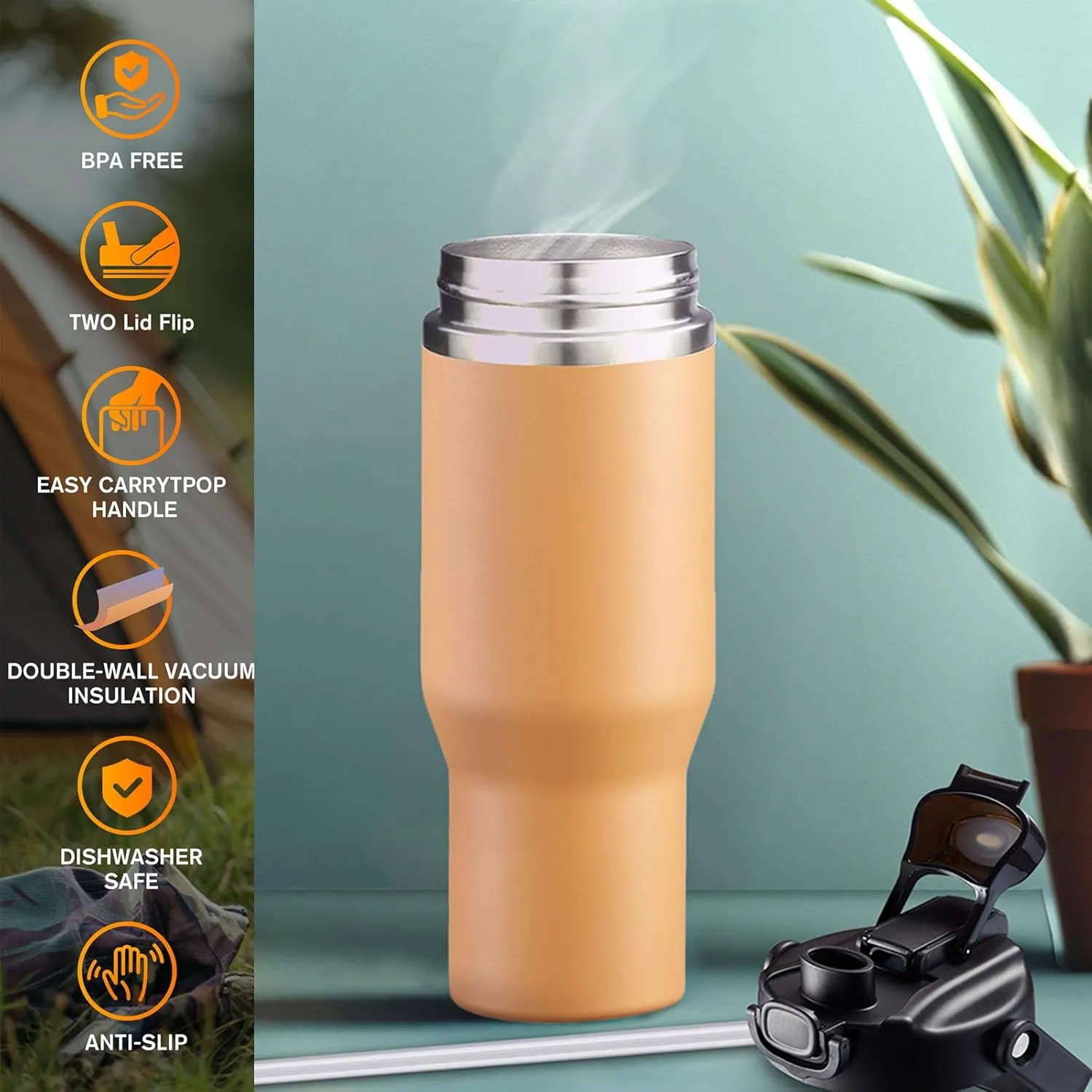 Insulated Tumbler,34 oz Stainless Steel Water Bottle, BPA-Free, Double-Walled Vacuum, Flip Straw for Travel, Keeps Drinks Hot & Cold for 12 Hours,For Travel, Gym & Office (Peach)