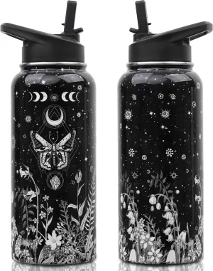 Insulated Water Bottle 32 oz, Goth Water Bottle with Straw and Lid, Reusable Leakproof Water Bottle Stainless Steel, Goth Gifts for Women