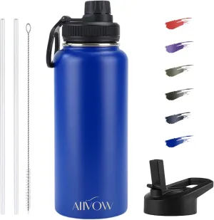 Insulated Water Bottle 32 oz with Straw, Metal Vacuum Stainless Steel Water Flask, Leak Proof & BPA-Free Sports Mens Water Bottle (2 Lids) for Gym,Hiking,Travel, Blue