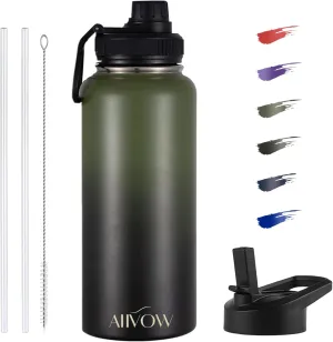 Insulated Water Bottle 32 oz with Straw, Metal Vacuum Stainless Steel Water Flask, Leak Proof & BPA-Free Sports Mens Water Bottle (2 Lids) for Gym,Hiking,Travel, Green to Black