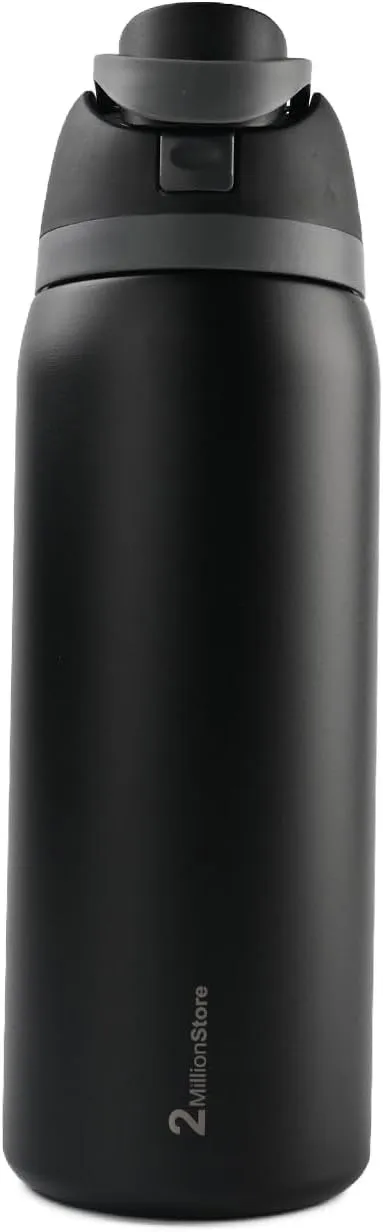 Insulated Water Bottle – Stainless Steel, Leakproof, 24H Cold & 12H Hot, Straw & Spout Lid, BPA-Free, Travel, Gym, Hiking, Sports Flask (Black, 32 Oz / 946ml)