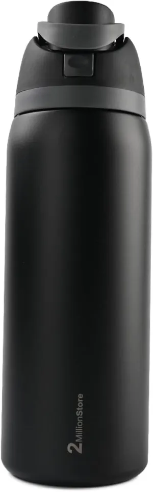 Insulated Water Bottle – Stainless Steel, Leakproof, 24H Cold & 12H Hot, Straw & Spout Lid, BPA-Free, Travel, Gym, Hiking, Sports Flask (Black, 32 Oz / 946ml)