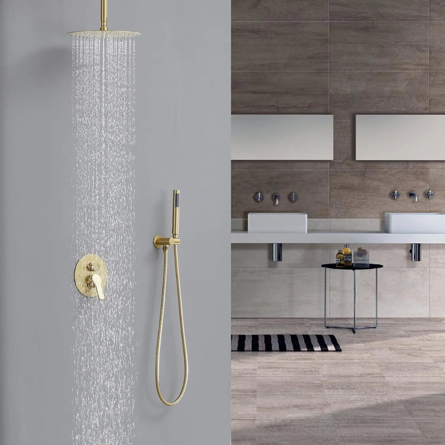 Iriber Brushed Gold Ceiling Mount Round Rain Shower System with 12 Inch Shower Head and Handheld Bathroom Champagne Bronze Shower Set Contain Shower Faucet Mixer Trim Kit (Valve Included)