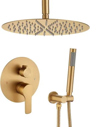 Iriber Brushed Gold Ceiling Mount Round Rain Shower System with 12 Inch Shower Head and Handheld Bathroom Champagne Bronze Shower Set Contain Shower Faucet Mixer Trim Kit (Valve Included)