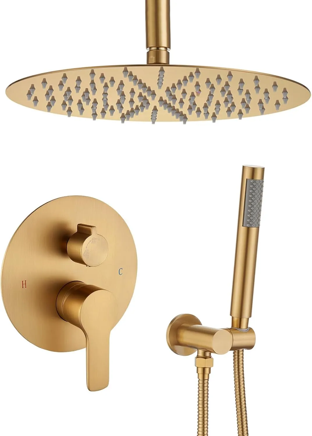 Iriber Brushed Gold Ceiling Mount Round Rain Shower System with 12 Inch Shower Head and Handheld Bathroom Champagne Bronze Shower Set Contain Shower Faucet Mixer Trim Kit (Valve Included)