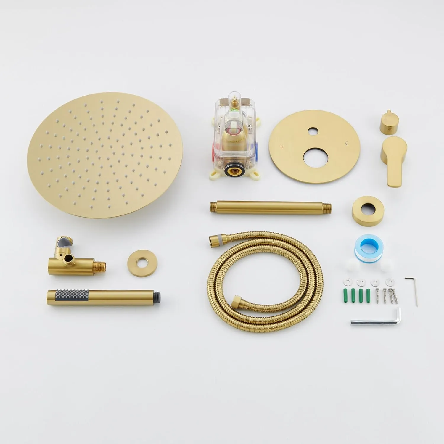 Iriber Brushed Gold Ceiling Mount Round Rain Shower System with 12 Inch Shower Head and Handheld Bathroom Champagne Bronze Shower Set Contain Shower Faucet Mixer Trim Kit (Valve Included)