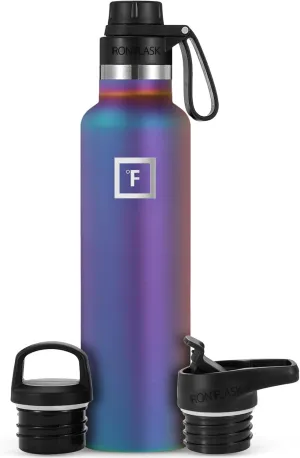 IRON °FLASK Camping & Hiking Hydration Canteens - 3 Lids (Narrow Spout Lid) Leak Proof Vacuum Insulated Stainless Steel - Hot & Cold Double Walled Sports Water Bottle - Aurora, 24 Oz