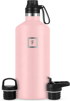 IRON °FLASK Camping & Hiking Hydration Canteens - 3 Lids (Narrow Spout Lid) Leak Proof Vacuum Insulated Stainless Steel - Hot & Cold Double Walled Sports Water Bottle - Rose, 64 Oz