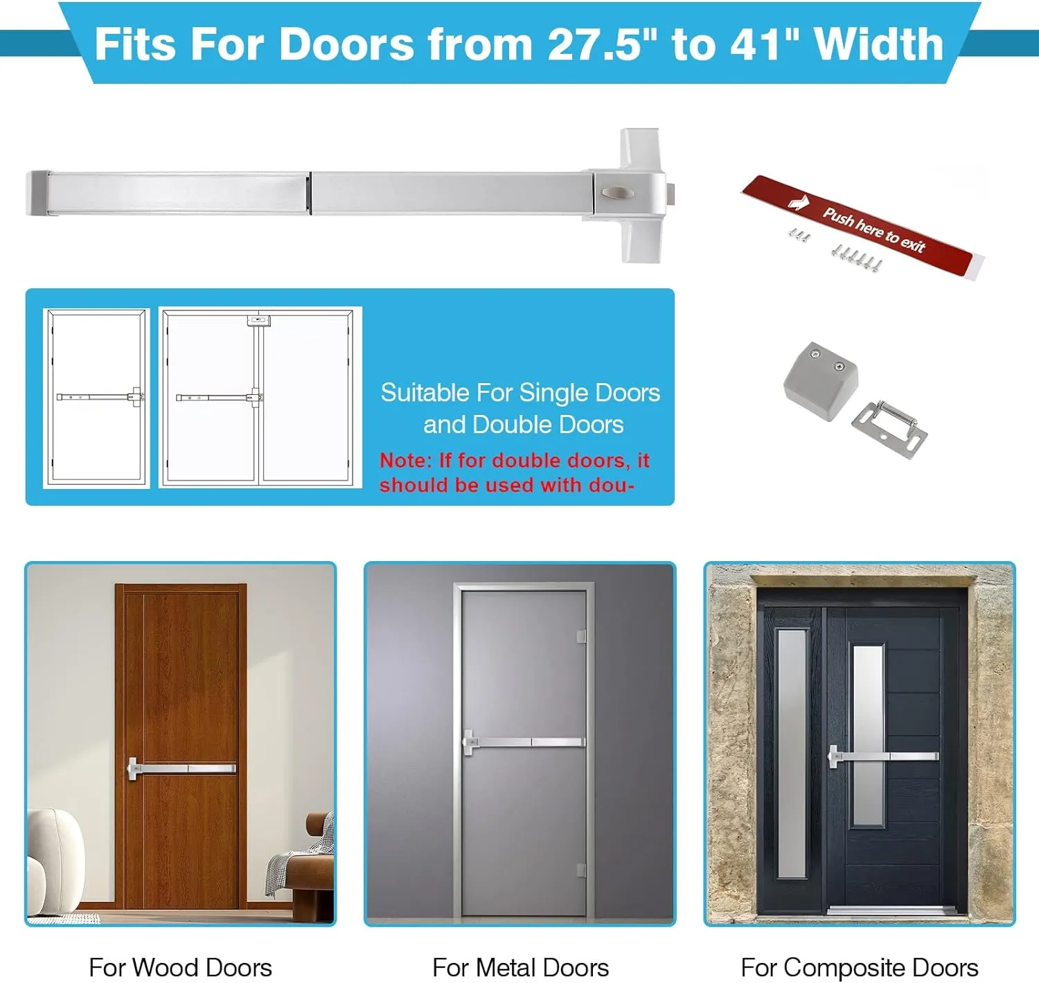 IRONWALLS Panic Bars for Exit Doors, Stainless Steel Commercial Emergency Door Push Bar Panic Exit Device, Panic Door Hardware for 28”-40” Wood Metal Door, Suitable for Hotel, Airport, Apartment
