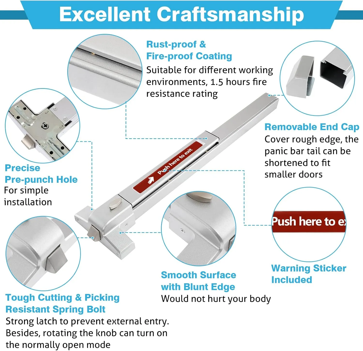 IRONWALLS Panic Bars for Exit Doors, Stainless Steel Commercial Emergency Door Push Bar Panic Exit Device, Panic Door Hardware for 28”-40” Wood Metal Door, Suitable for Hotel, Airport, Apartment