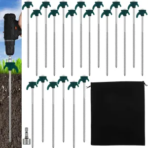 JaGely 20 Pcs 12 Inch Screw in Tent Stakes Heavy Duty Ground Anchors Metal Threaded Spikes Camping Stake Screw in Tent Pegs with Hex Head Driver for Camping Travel Decor Outdoor (Blackish Green)