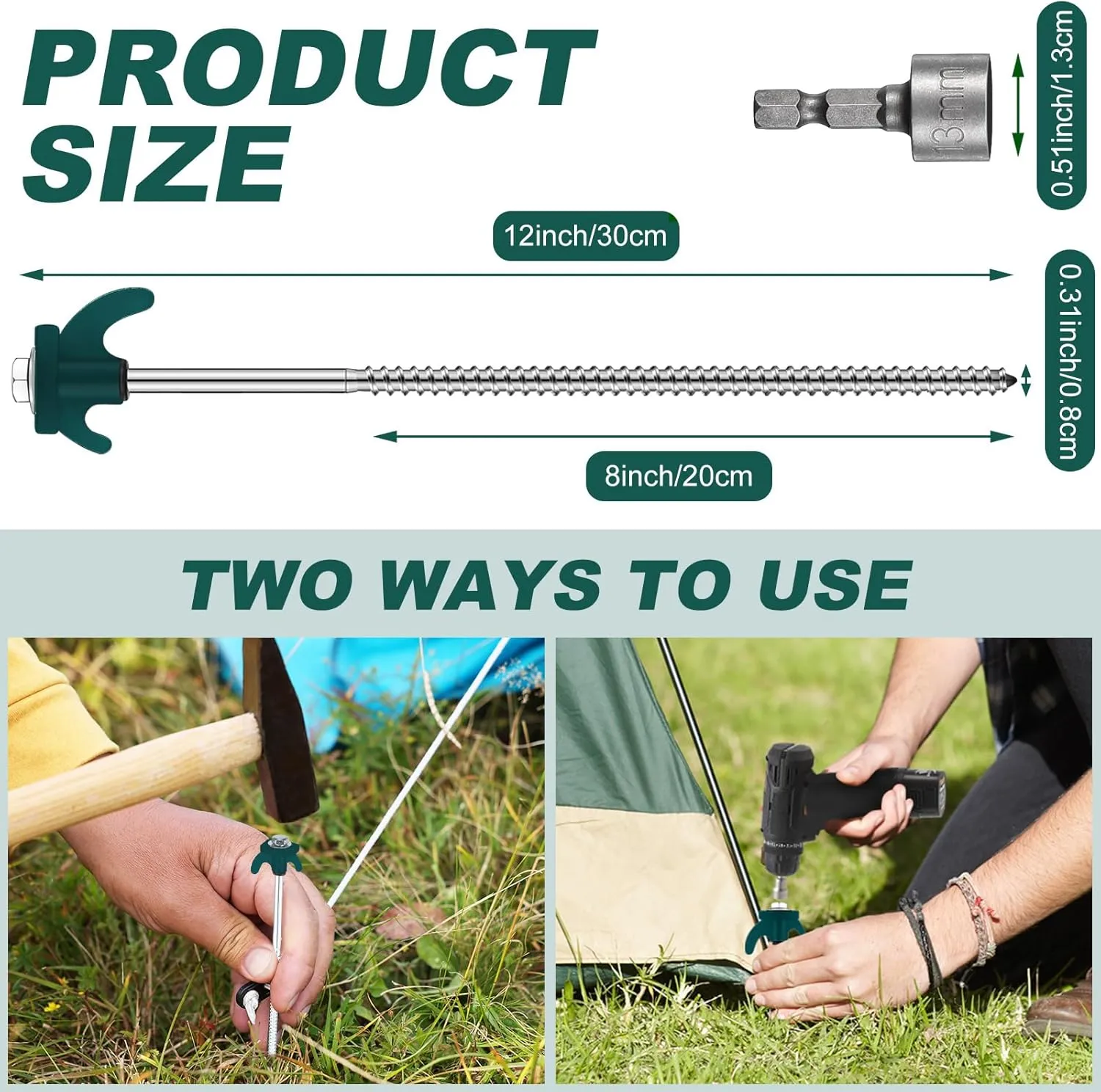 JaGely 20 Pcs 12 Inch Screw in Tent Stakes Heavy Duty Ground Anchors Metal Threaded Spikes Camping Stake Screw in Tent Pegs with Hex Head Driver for Camping Travel Decor Outdoor (Blackish Green)