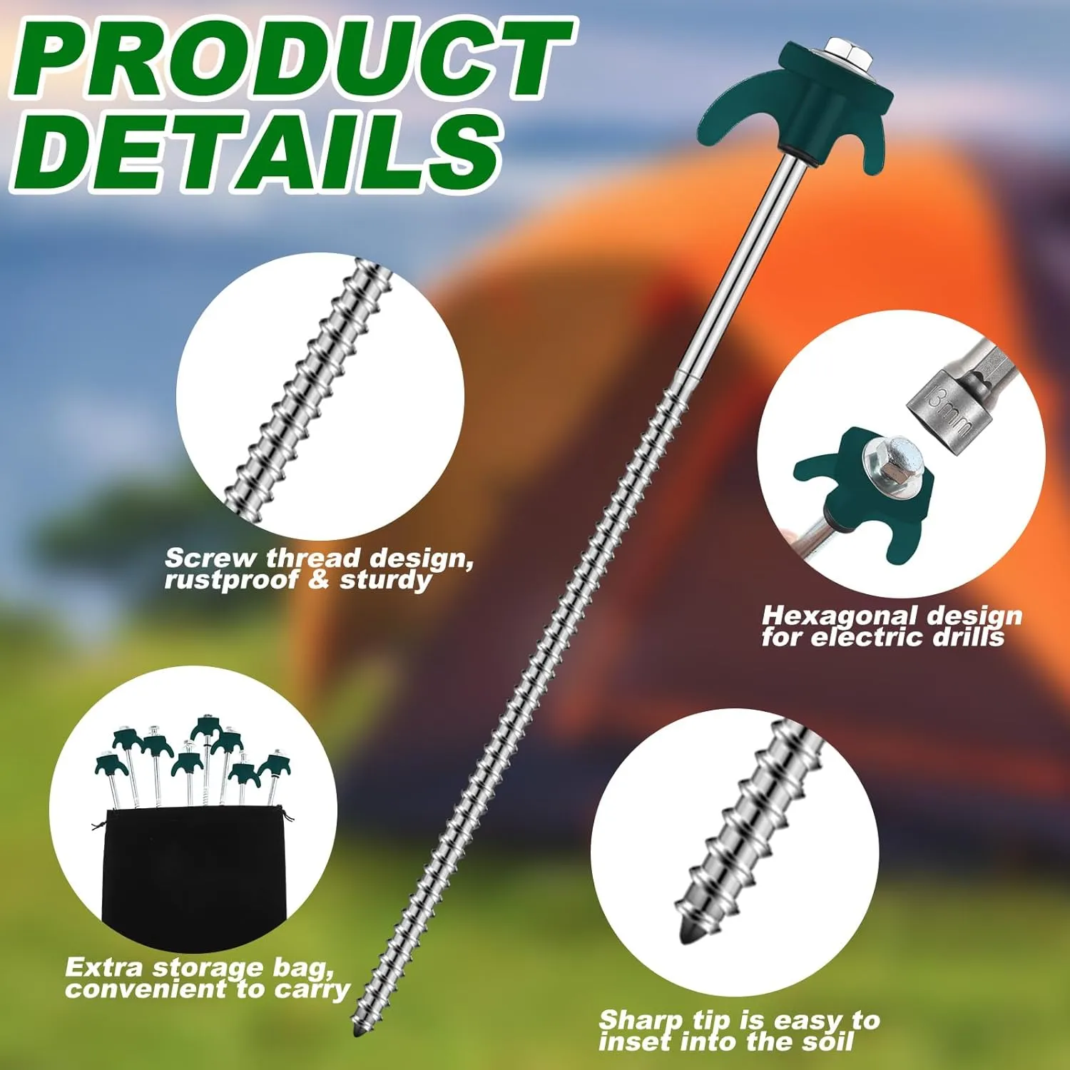 JaGely 20 Pcs 12 Inch Screw in Tent Stakes Heavy Duty Ground Anchors Metal Threaded Spikes Camping Stake Screw in Tent Pegs with Hex Head Driver for Camping Travel Decor Outdoor (Blackish Green)