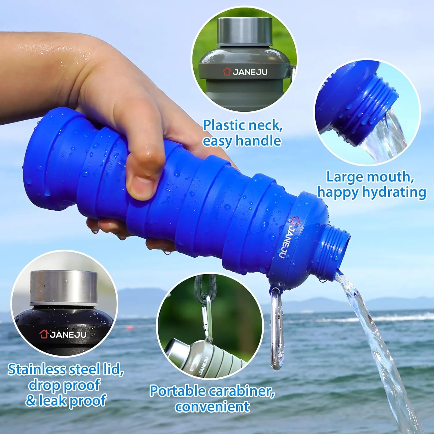 JaneJu Collapsible Water Bottle, 17oz BPA Free Silicone Reusable Portable Lightweight Foldable Water Bottles with Carabiner, Portable Leak Proof Sports Water Bottle (blue&pink)
