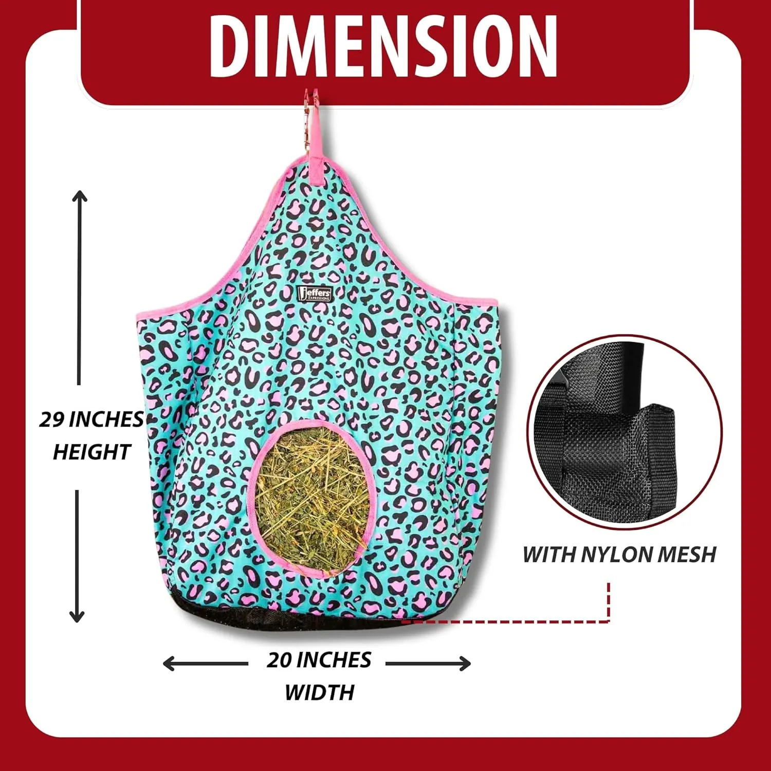 Jeffers Expression Hay Bag for Livestock – Durable 600D Waterproof Hay Feeder for Horse, Cattle, & Sheep, Top Loading Design w/Mesh Bottom, for Travel, Barn Use - Farming Essentials, Party Cheetah