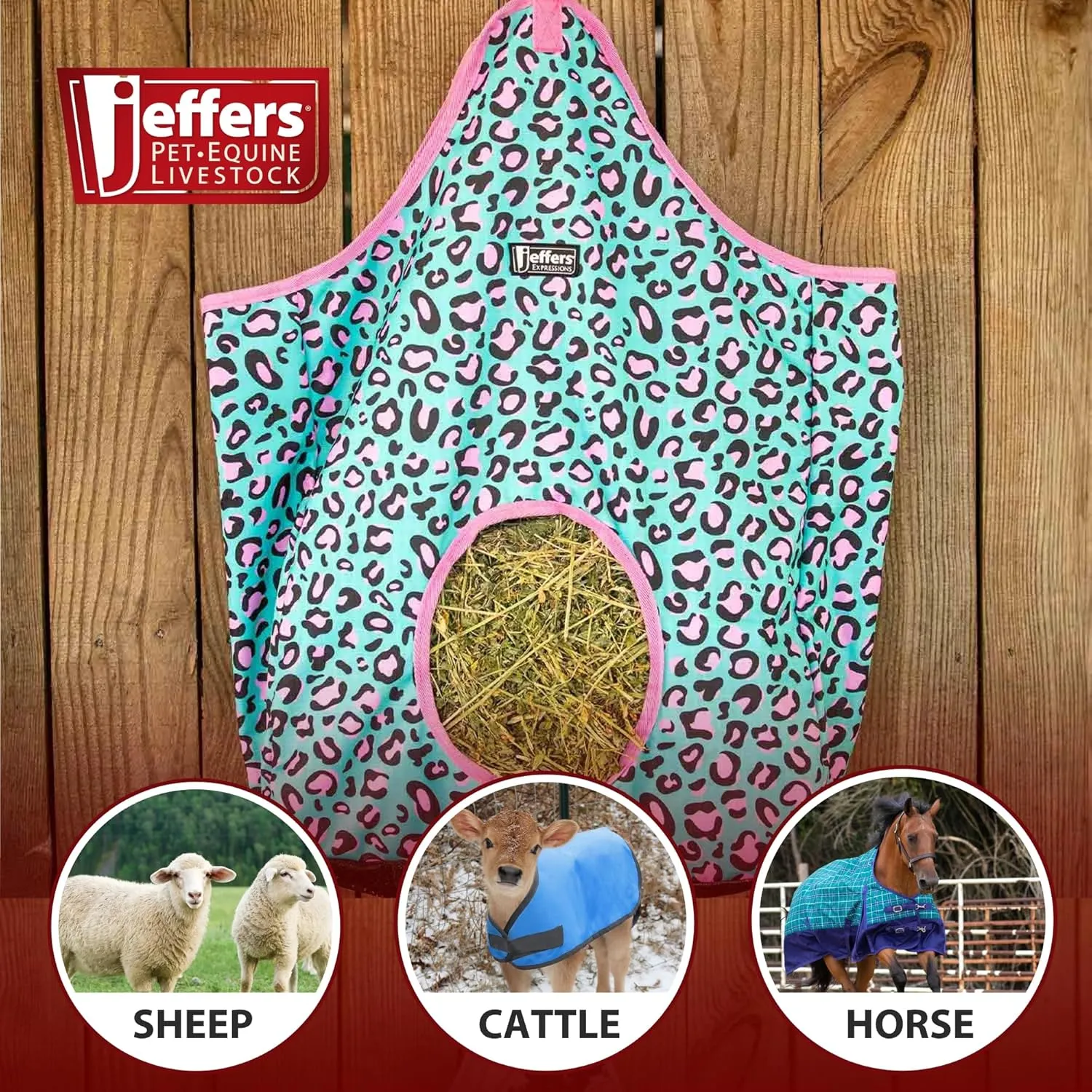 Jeffers Expression Hay Bag for Livestock – Durable 600D Waterproof Hay Feeder for Horse, Cattle, & Sheep, Top Loading Design w/Mesh Bottom, for Travel, Barn Use - Farming Essentials, Party Cheetah
