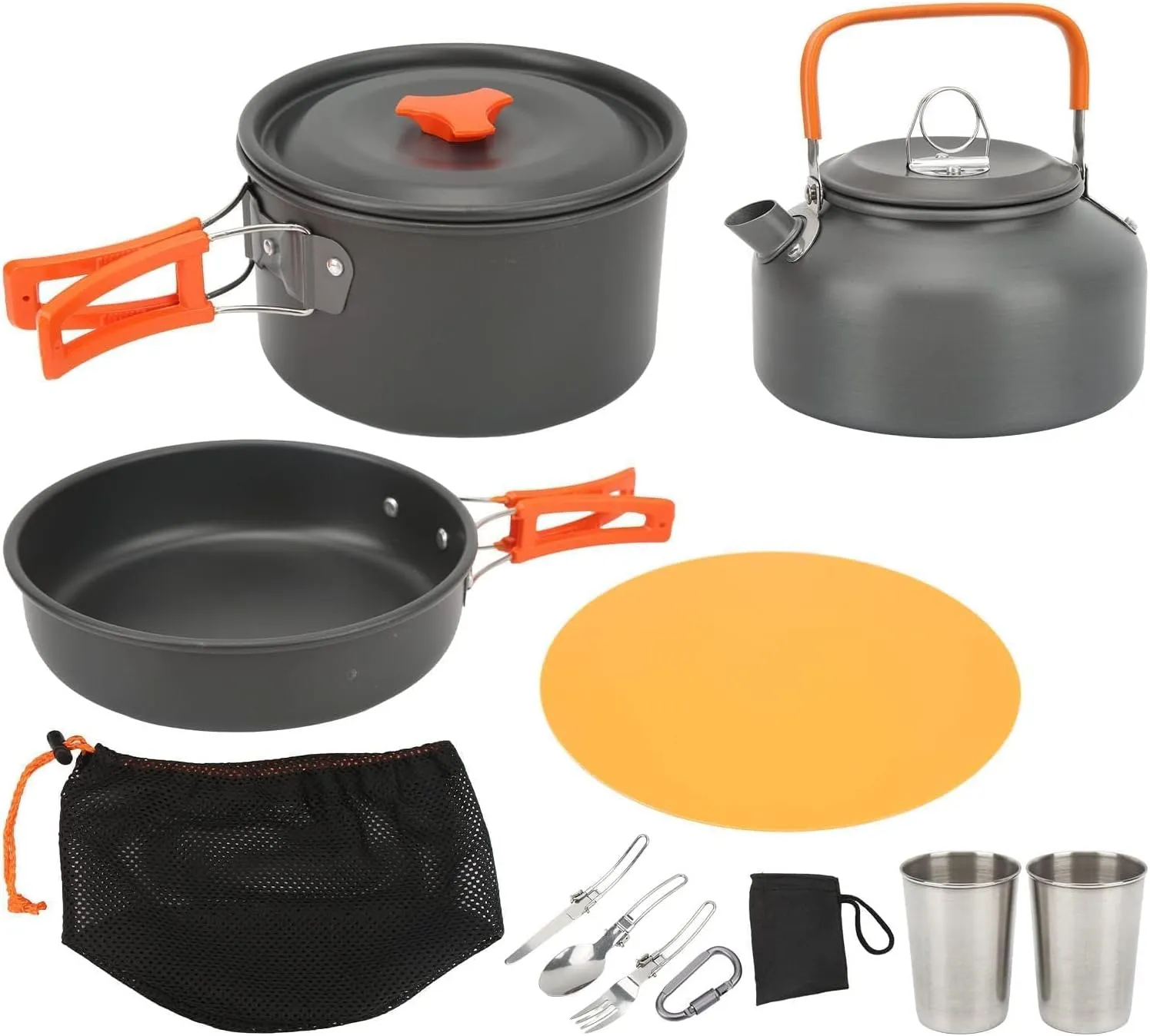 JEOZBM 14pcs Camping Cookware Mess Kit, Camping Cookware Set with Non-Non-Stick Pot Kettle Stainless Steel Cups Forks Knives Spoons, Camping Accessories Essentials Kit