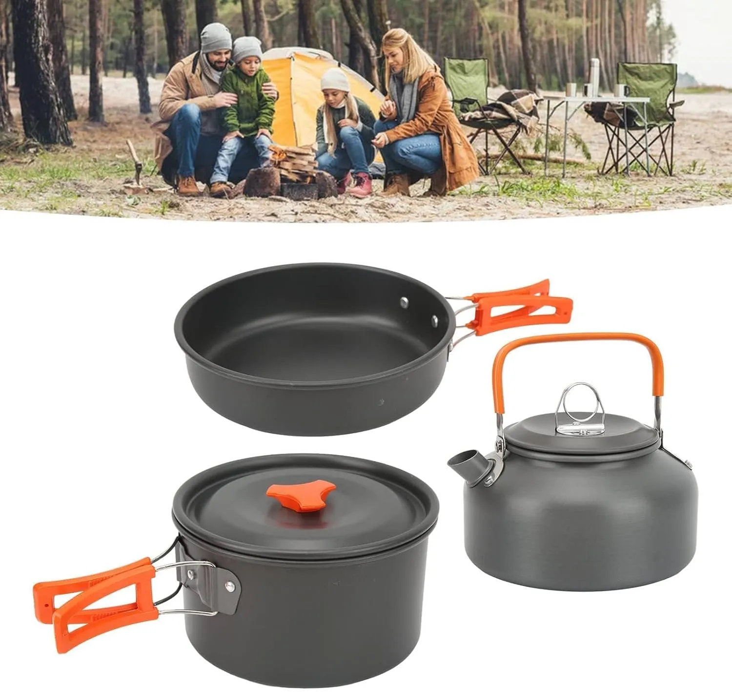JEOZBM 14pcs Camping Cookware Mess Kit, Camping Cookware Set with Non-Non-Stick Pot Kettle Stainless Steel Cups Forks Knives Spoons, Camping Accessories Essentials Kit
