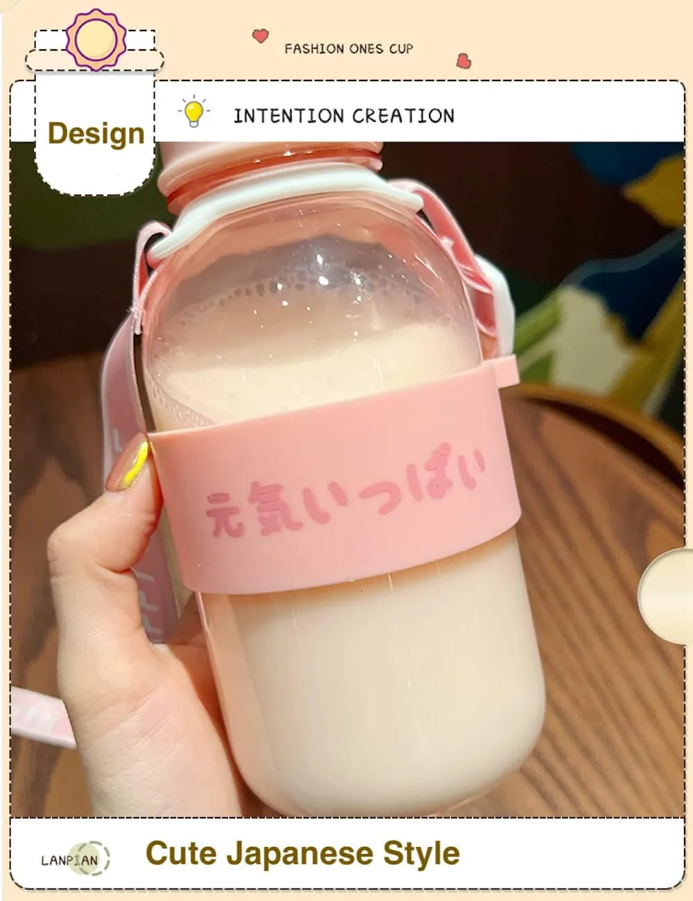 JHTPSLR Kawaii Water Bottle with Strap and 5pcs 3D Stickers 19oz Cute Japanese Water Bottle for Teen Girls for School Sports Leakproof Wide Mouth BPA Free Aesthetic Summer School Supplies (Blue)
