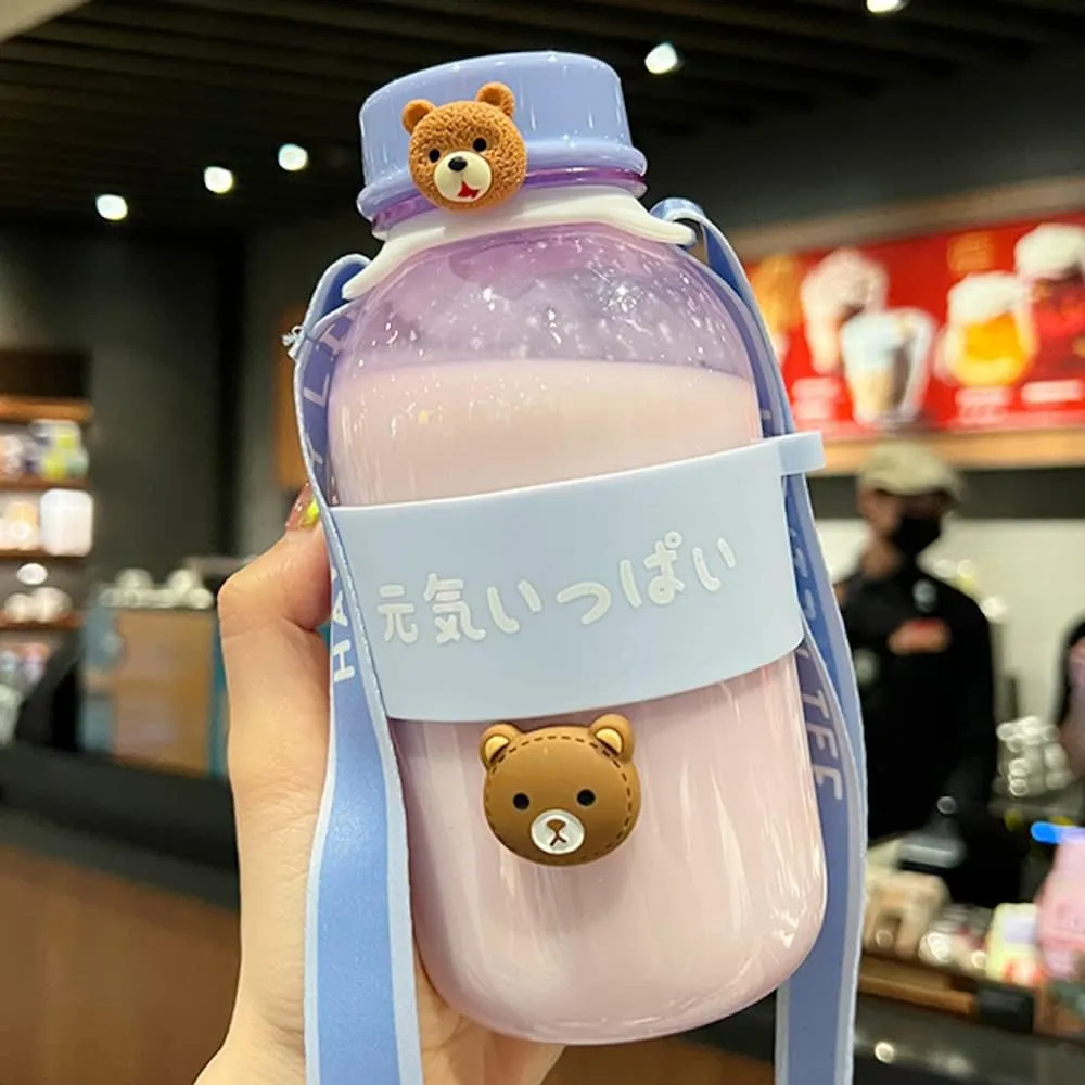 JHTPSLR Kawaii Water Bottle with Strap and 5pcs 3D Stickers 19oz Cute Japanese Water Bottle for Teen Girls for School Sports Leakproof Wide Mouth BPA Free Aesthetic Summer School Supplies (Blue)