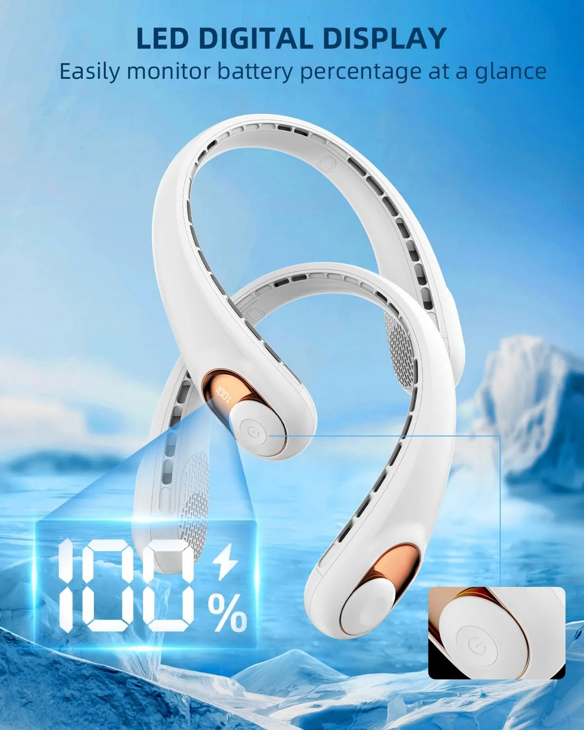 JIAGE Neck Fan, Bladeless Wearable Hands-Free Portable Fan, 5200mAh Rechargeable, 360° Cooling with 3 Speeds, Ultra-Quiet Personal Fan LED Display, Idea for Home, Office, Travel, Sports- White