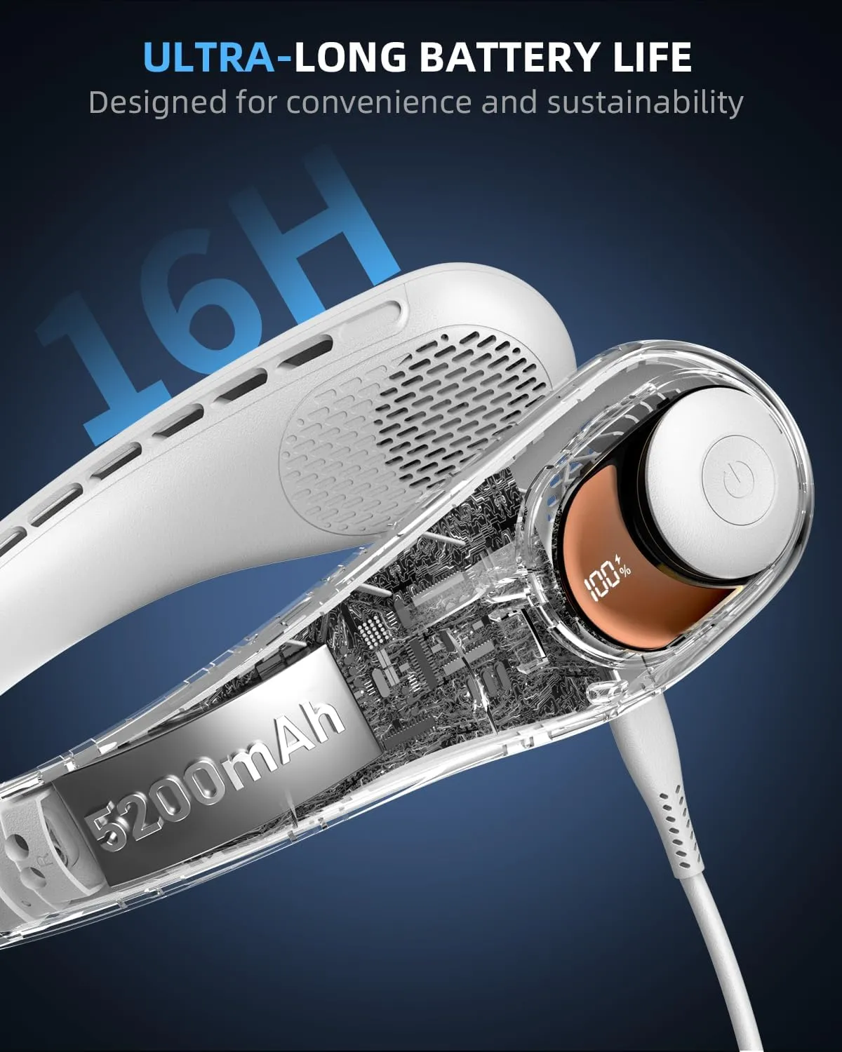 JIAGE Neck Fan, Bladeless Wearable Hands-Free Portable Fan, 5200mAh Rechargeable, 360° Cooling with 3 Speeds, Ultra-Quiet Personal Fan LED Display, Idea for Home, Office, Travel, Sports- White