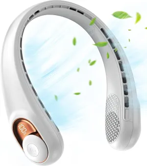 JIAGE Neck Fan, Bladeless Wearable Hands-Free Portable Fan, 5200mAh Rechargeable, 360° Cooling with 3 Speeds, Ultra-Quiet Personal Fan LED Display, Idea for Home, Office, Travel, Sports- White